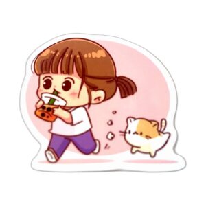Girl With Coffee and Cat cute vinyl sticker