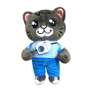 Skimble the Cat plush toy wearing blue shirt with camera